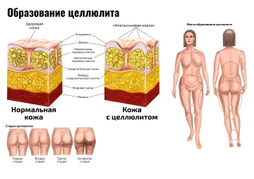 Образование целлюлита — медицинский плакат по косметологии и массажу