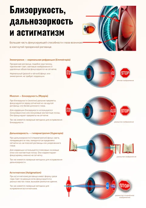 Близорукость, дальнозоркость и астигматизм — медицинский плакат по офтальмологии