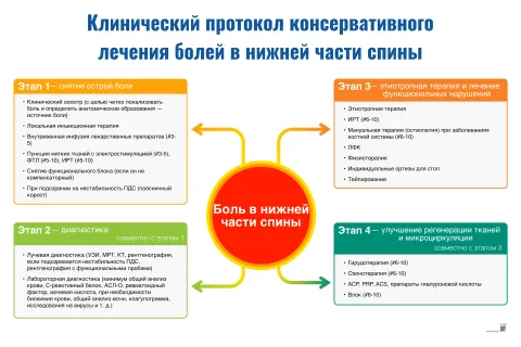 Клинический протокол консервативного лечения болей в нижней части спины — медицинский плакат
