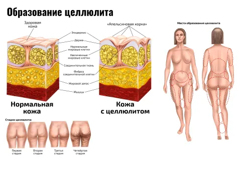 Образование целлюлита — медицинский плакат по косметологии и массажу
