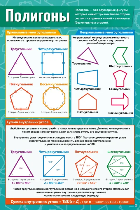 Полигоны — плакат по математике, алгебре, геометрии, тригонометрии