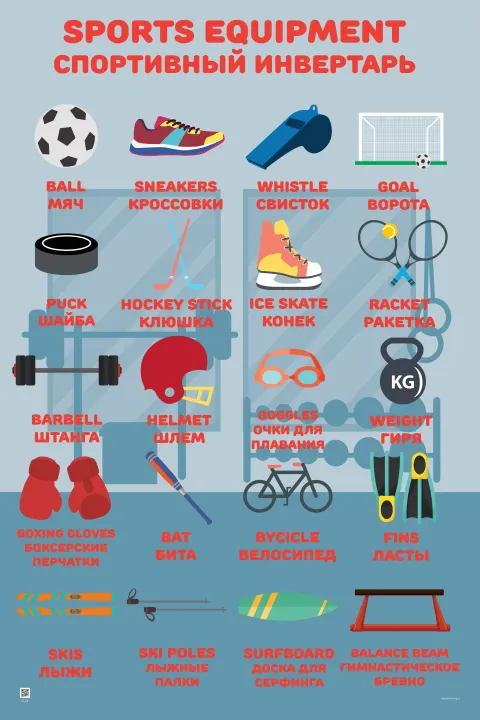 Спортивный инвентарь — плакат по английскому языку, с переводом