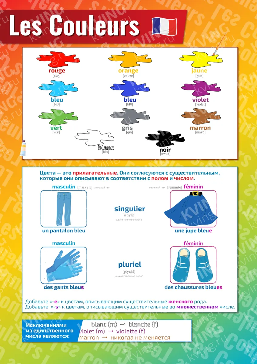 Les Couleurs: цвета — плакат по французскому языку с произношением и переводом